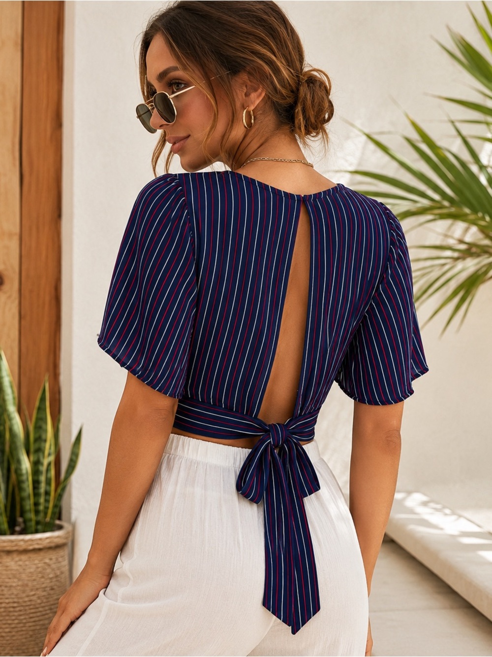 Charlotte Russe Navy Stripe Tie Back Crop Top Bell Sleeve Open Back Blouse M